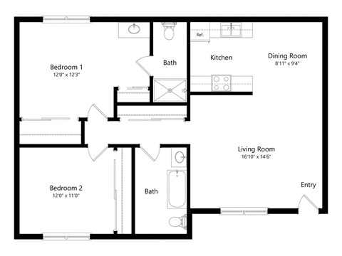 Floor plan for 2 beds, 2 baths, 1012 sqft